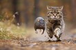 A cat running away from a mouse on the ground. Generative AI.