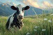 Cow in meadow mountain background