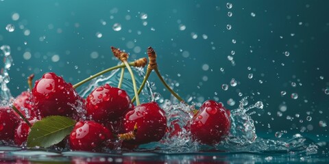 Poster - A bunch of cherries are being splashed with water. Generative AI.