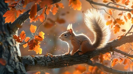 Sticker - A squirrel sitting on a branch in the middle of autumn leaves. Generative AI.