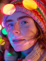 Sticker - A woman wearing a hat with colorful lights on it. Generative AI.