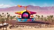 Over the vibrant Coachella music festival in the desert, an airplane flies. The shadow of an airplane passes over colorful festival stages and a musically active desert.