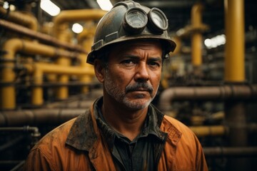 Poster - A man wearing a hard hat and goggles stands in front of a yellow pipe