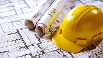 architectural plans and yellow hard hat on blueprints background.