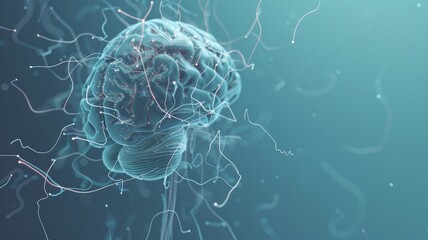 Poster - Detailed Human Brain with Neurons Active - A highly detailed image of a human brain with active neurons and synapses