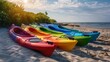 vibrant kayaks on sandy shore waiting for outdoor water-sport enthusiasts