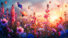 Fiori Di Malva Multicolore Sul Campo, Farfalle Volanti Sullo Sfondo Dell'alba, Stile Pittura, Arte Digitale, Quadro Digitale Di Fiori Primaverili