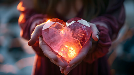 Female witch hands holding large pink Glow crystal in shape of heart. Witchcraft Wiccan or spiritual practice. Ritual for love and chakra balance. 