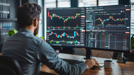 Wall Mural - A man engages in stock trading, closely monitoring live financial data on several screens in a professional setting