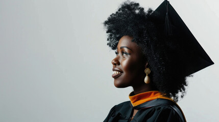 Wall Mural - Young African American woman proudly wears a graduation cap and gown, symbolizing the completion of her academic journey