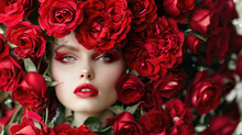 A Womans Face Is Surrounded By Vibrant Red Roses, Creating A Striking Contrast And Highlighting Her Features With The Beautiful Flowers