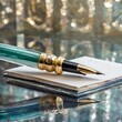close up of a pen.An eye-catching composition showcasing a fountain pen poised next to a handwritten letter on a sleek glass background. The combination of the traditional writing instrument and the m