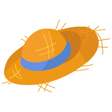 Straw Hat On A White Background With A Blue Ribbon, Isolated Vector Illustration. A Flat Object For Covering The Head. Protection From The Sun. The Straw Sticks Out Of The Hat. Golden Colors, Natural
