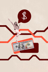 Poster - Composite vertical collage picture of mini girl use smart phone stand huge dollar bill isolated on creative background