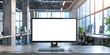 Modern office workspace with blank computer screen, Blank computer screen mockup with clean office backdrop