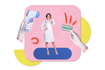 Sticker - Composite photo collage of serious girl doctor robe hand hold pills vaccine thermometer covid isolation isolated on painted background