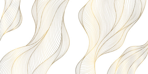 Fototapete - Vector gold line wave background, abstract luxury elegant pattern. Glitter flow japanese style shape, river, sea cover.