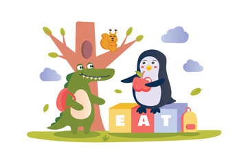 Poster - Word game concept with character scene in flat cartoon design. A little crocodile and a penguin play a fun educational word game. Vector illustration.