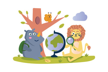 Sticker - Geography lesson concept with character scene in flat cartoon design. A rhinoceros and a lion have fun learning geography with the help of a globe. Vector illustration.