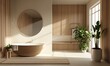 Modern bathroom interior with wooden wood panel wall and houseplant natural sunlight from windows