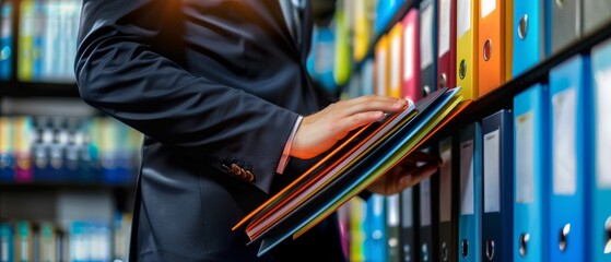 Poster - An office worker highlights a folder in the archive: database, administration, and file management