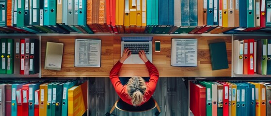 Aufkleber - Top view of an archive with ring binders and a woman searching for files on a laptop, surrounded by binders