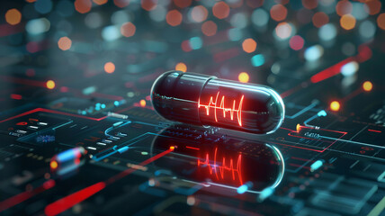 Monitoring with chip capsule artificial intelligence of heart health and pulse management. Concept AI futuristic healthcare technology, data network neon banner.