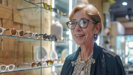 Elegant Senior Woman Shopping for Stylish Eyewear at Optician Store