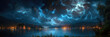 landscape panorama with thunderstorms and lightning in night sky in nature in summer over water lake with mountains