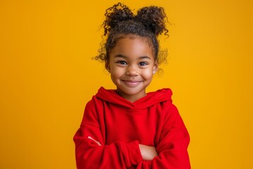 Portrait of happy child model in casual wear. Smiling little kid in fashion studio. Pretty African American girl in red sweatshirt standing with her arms crossed isolated solid yellow, Generative AI
