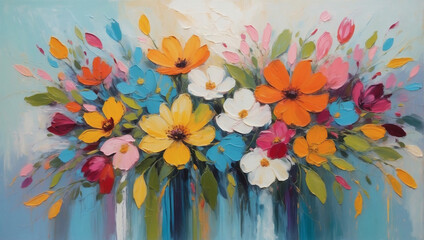 Abstract Floral Impression, Lively Brushwork and Colorful Blooms in Oil.