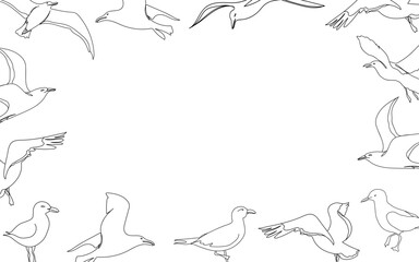 Wall Mural - One line seagull hand drawn banner. Outline seagull flying. Hand drawn minimalist style vector illustration. Beautiful sea life design with place for text for invitation, sale, card, poster and etc.