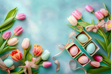 Wall Mural - flat lay of Easter eggs with tulip flowers and gift boxes on blue gray background. space for text