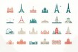 A series of minimalistic, colorful vector representations of famous landmarks around the world, each isolated on a white solid background