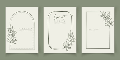 botanical line art illustration set of olive leaves, branch frames for wedding invitation and cards,
