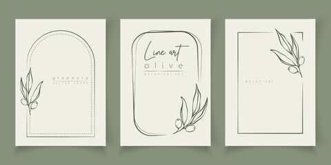 Botanical line art illustration set of olive leaves, branch frames for wedding invitation and cards, logo design, web, social media and posters template. Elegant minimal style floral vector isolated.	