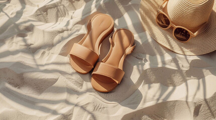 A straw hat, leather slippers and sunglasses on white sandy background with sunlight and shades.