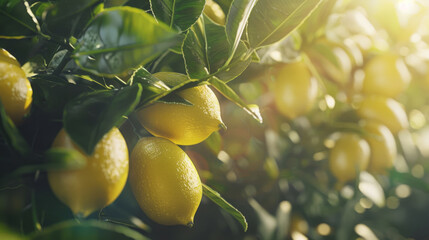 Wall Mural - Sunlight filters through a lemon tree, highlighting the dew-kissed fruit and lush leaves.