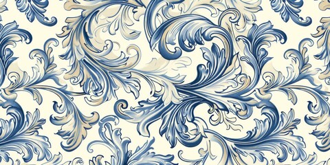  Ornamentation of the Renaissance period combine swirling foliage, acanthus leaves, and classical figures in a pattern that primarily uses blue and beige created with Generative AI Technology