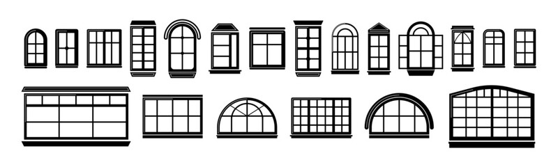 Wall Mural - Set with different silhouettes of window frames for home. Architecture elements. Window frames isolated on white background. Icons for concept or web graphics.