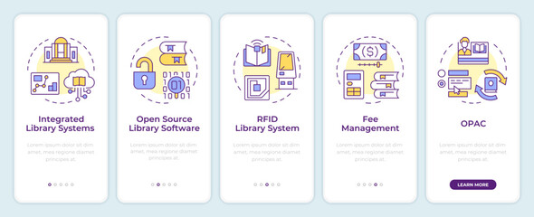 Wall Mural - Library software onboarding mobile app screen. Books managing. Walkthrough 5 steps editable graphic instructions with linear concepts. UI, UX, GUI template. Montserrat Semibold, Regular fonts used