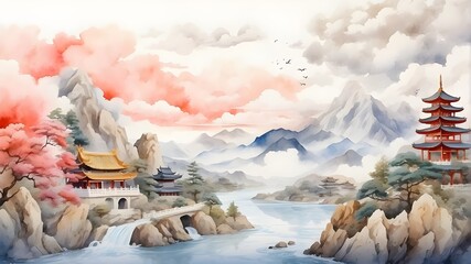 Wall Mural - Watercolor painting wallpaper with an oriental background featuring clouds, mountains, rivers, and exquisite traditional Chinese or Japanese temple houses. Mountains, rivers, and clouds