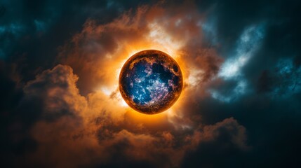 Wall Mural - A large orange ball in the sky with clouds around it, AI