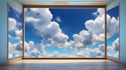 room in blue sky and clouds window, sky, open, frame, home, room, wall, interior, house, view, cloud, door, glass, architecture, freedom, light, nature, plastic, clouds, blue, concept, wood, summer, i