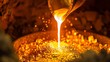 The transformation of solid gold into molten liquid in a furnace