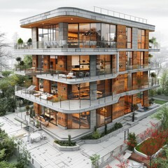 Fototapete - Residential building architecture project with mock up and blueprints