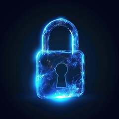 Padlock made up of blue neon lines on dark background.