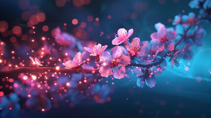 Wall Mural - branch with sakura flowers, abstract neon background.