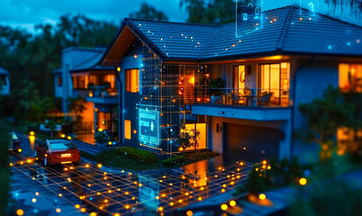 Poster - smart home connected to digital security systems, analyzing data to detect potential threats and sus