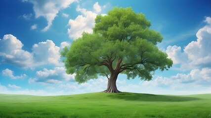 Poster - Tree in Fantasy World, A blue sky and Green Field. Natural Landscape
